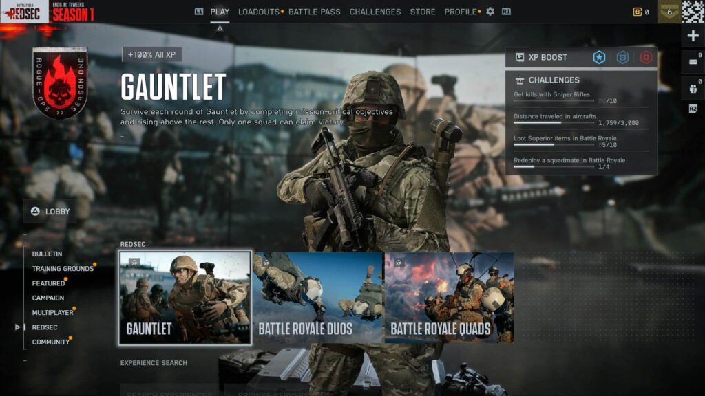 Main menu of Battlefield REDSEC featuring a soldier in combat gear holding a rifle. Options include "Gauntlet," "Battle Royale Duos," and "Battle Royale Quads"