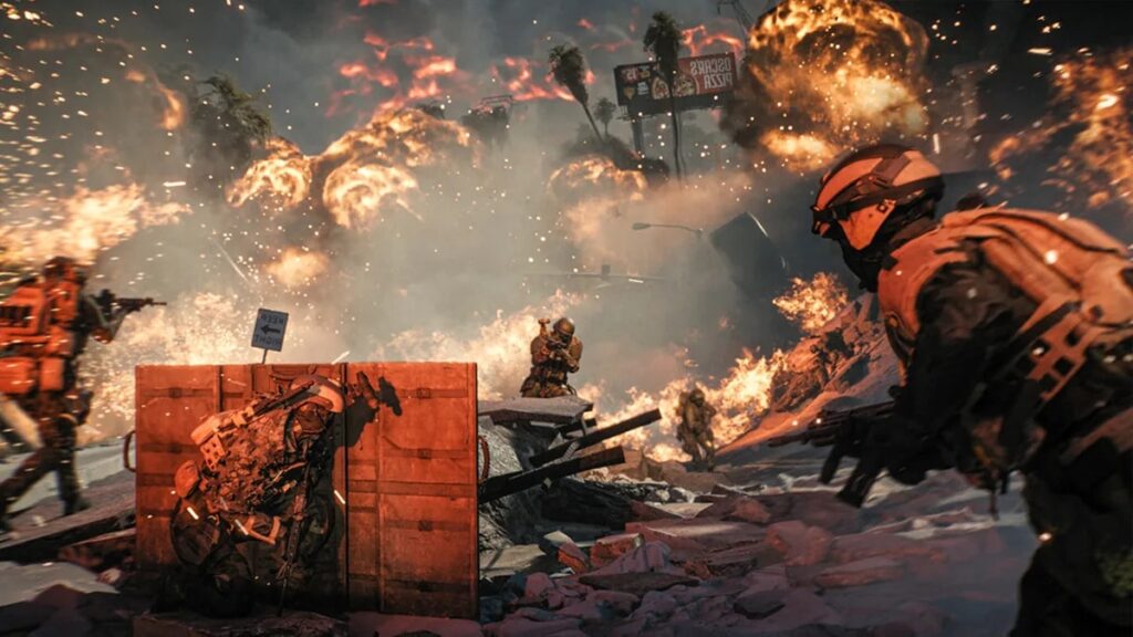 Soldiers move through a war-torn street engulfed in fire and explosions during intense combat in Battlefield REDSEC.