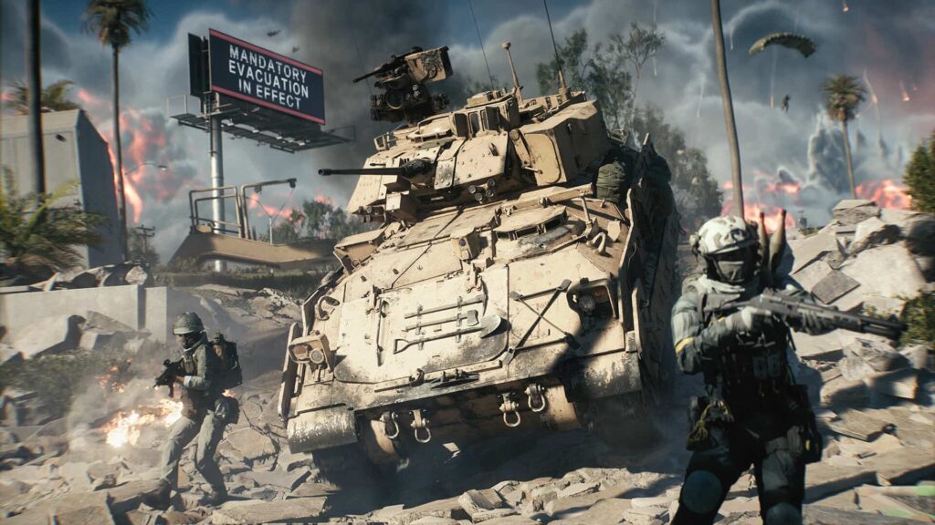 Armored tank and soldiers advance through a destroyed city as explosions and fire rage in the background in Battlefield REDSEC.