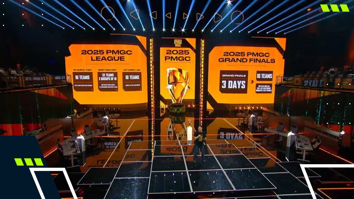 The PUBG Mobile Global Championship 2025 stage displays league and finals information during the PUBG Mobile event