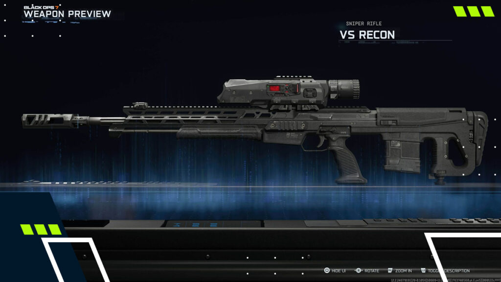 A futuristic VS Recon sniper rifle displayed in a Black Ops 7 weapon preview screen