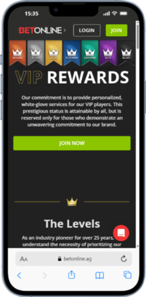 Screenshot of the BetOnline VIP Rewards page showing esports betting bonus offers.