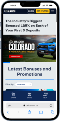 Mobile screenshot of the BetUS betting site promos page