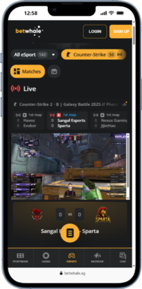 Mobile screenshot showing BetWhale live esport betting action on Counter Strike