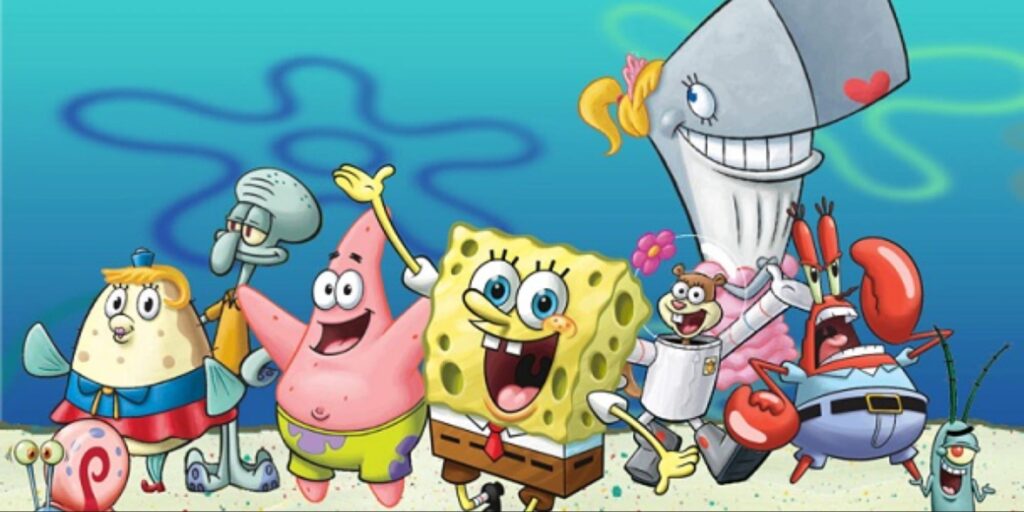 Group shot of SpongeBob SquarePants characters smiling together underwater