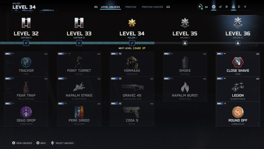 Black Ops 7 Double XP Weekend schedule showing level unlock rewards, perks, weapons, and progression milestones.