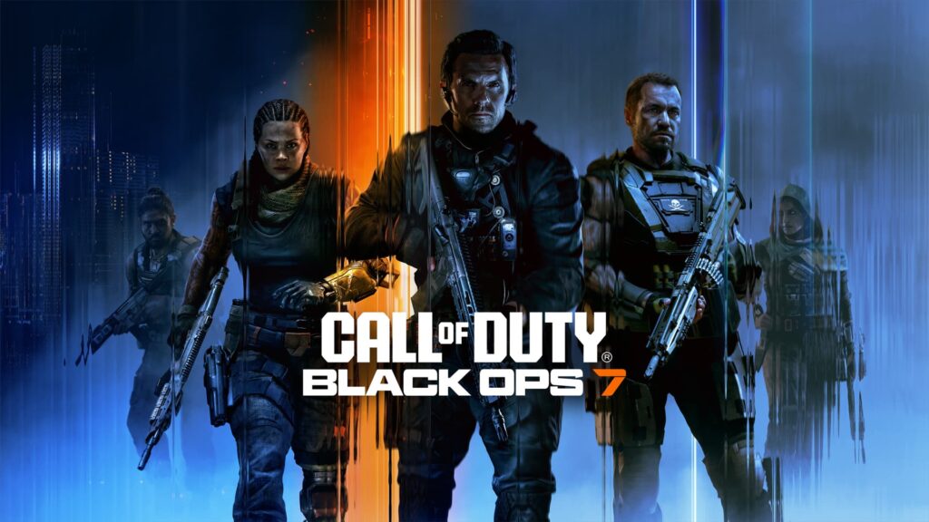 A lineup of operators from Call of Duty: Black Ops 7 posed against a split orange-blue backdrop