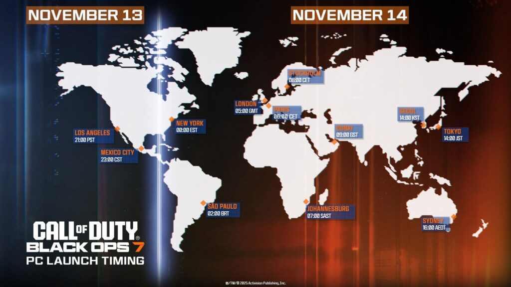 Black Ops 7 world map graphic showing regional PC launch times