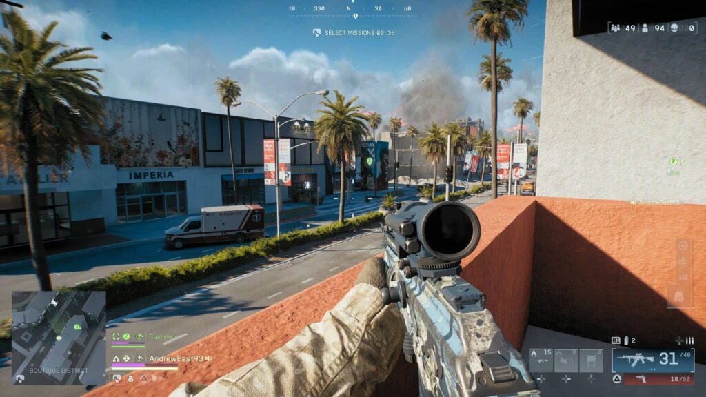Player aiming from rooftop in the Boutique District area of Battlefield REDSEC Fort Lyndon