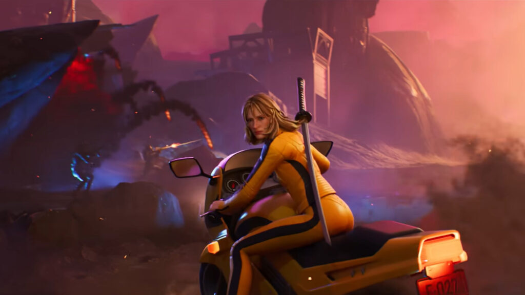 The Bride from Kill Bill prepares for battle on a motorcycle during the Fortnite Zero Hour event