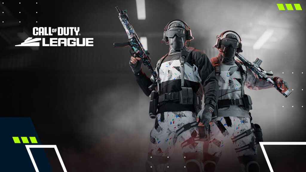 Two soldiers in Call of Duty: Black Ops 7 League gear holding rifles in a smoky arena