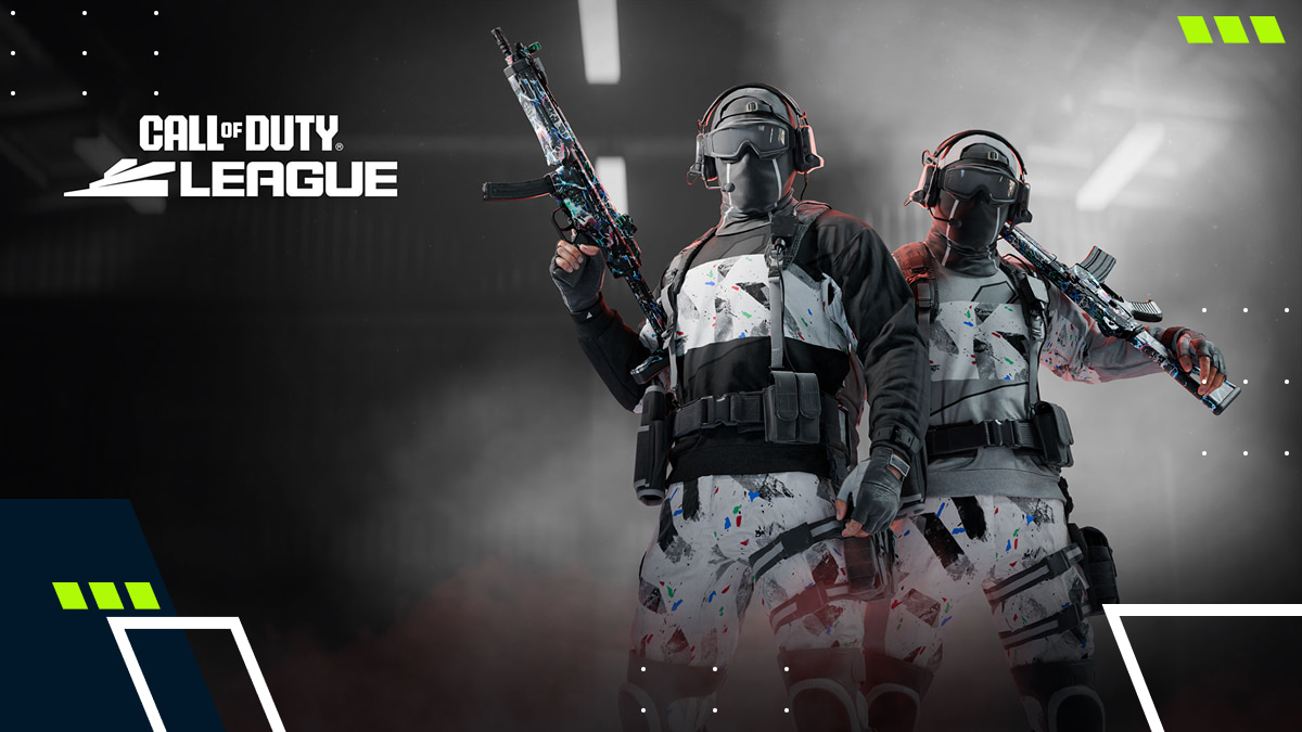 Two soldiers in Call of Duty: Black Ops 7 League gear holding rifles in a smoky arena