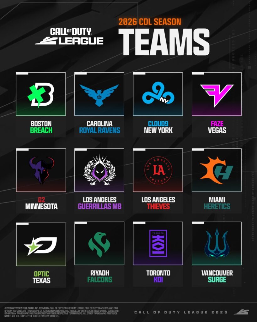Graphic showcasing all team logos for the 2026 Call of Duty League season