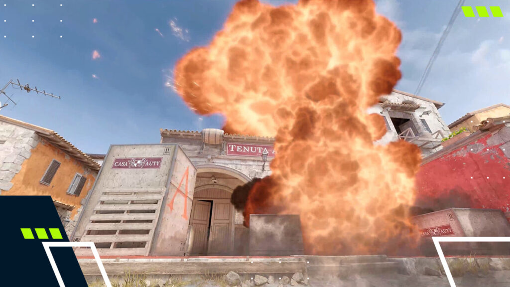 A massive explosion engulfs Inferno’s A site in Counter-Strike 2, showing detailed fire and smoke effects powered by the Source 2 engine