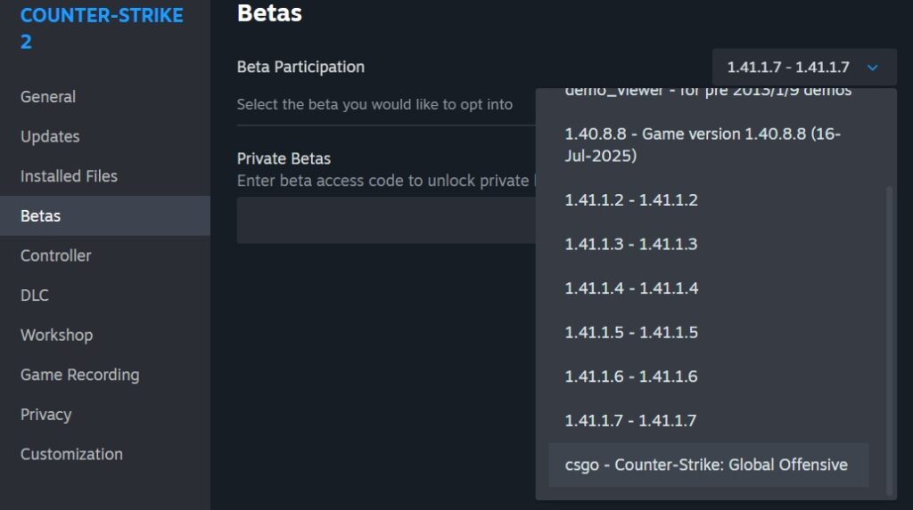 Steam Betas tab for Counter-Strike 2 showing multiple beta depot versions, including 1.41.1.2 through 1.41.1.7 and a legacy CS:GO option