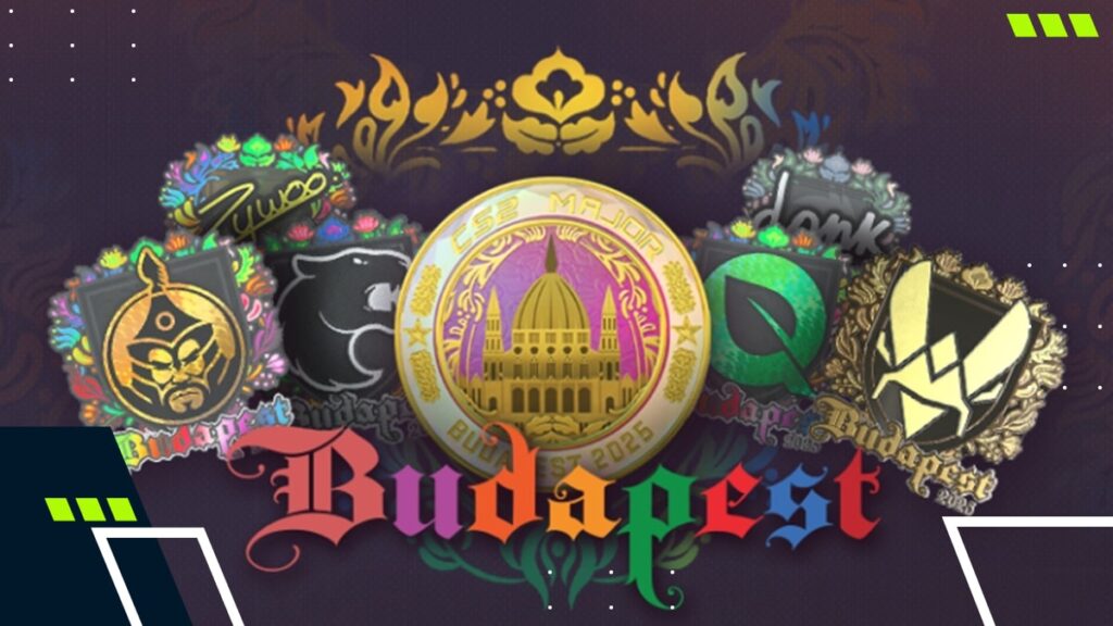 Team stickers and the event coin displayed around the Budapest Major 2025 logo for the StarLadder CS2 tournament