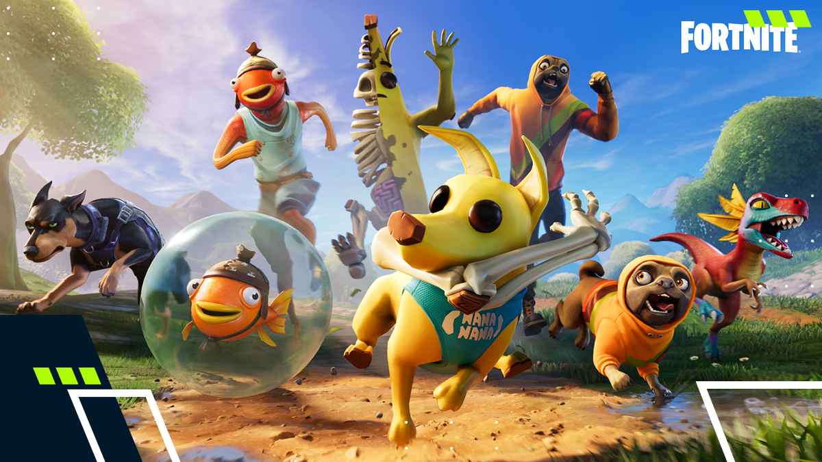 Fortnite characters run alongside pet companions including Nanners the banana dog, Cuddle Team Jr, Flopsticks, Spike, and Lil’ Raptor.