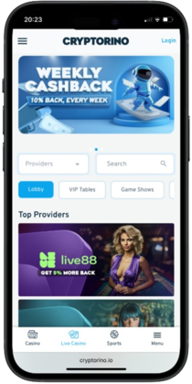 Cryptorino Ethereum casino website homepage screenshot on mobile