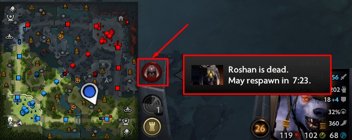 Dota 2 Roshan Respawn Timer Explained — 8 to 11 minute random Roshan respawn window on minimap.