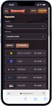 Mobile screenshot showing the Payments page of the Dragonia fast withdrawal casino site for Canada.