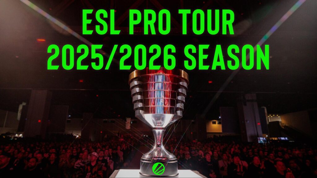 Trophy on stage in front of a large audience with the text “ESL Pro Tour 2025/2026 Season” above it
