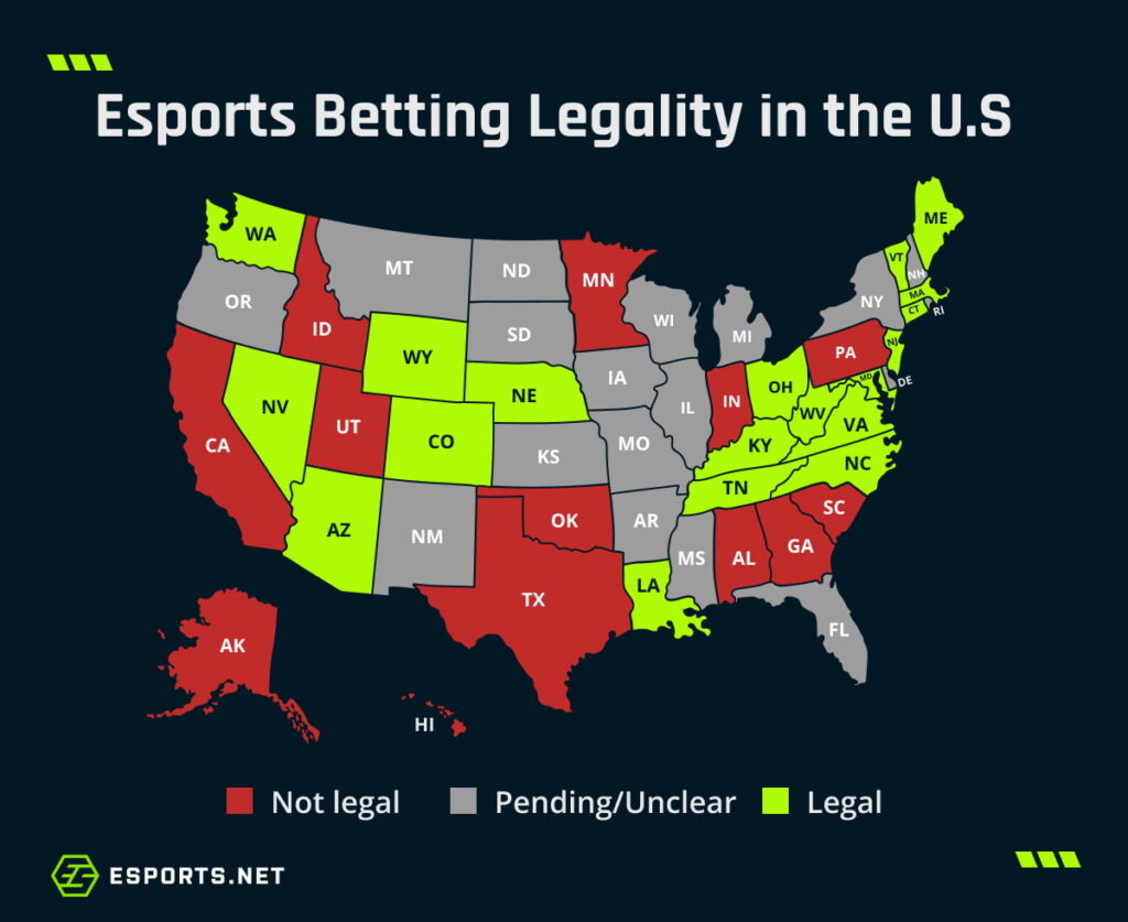 A color-coded U.S. map showing which states allow, ban, or have unclear laws on esports betting