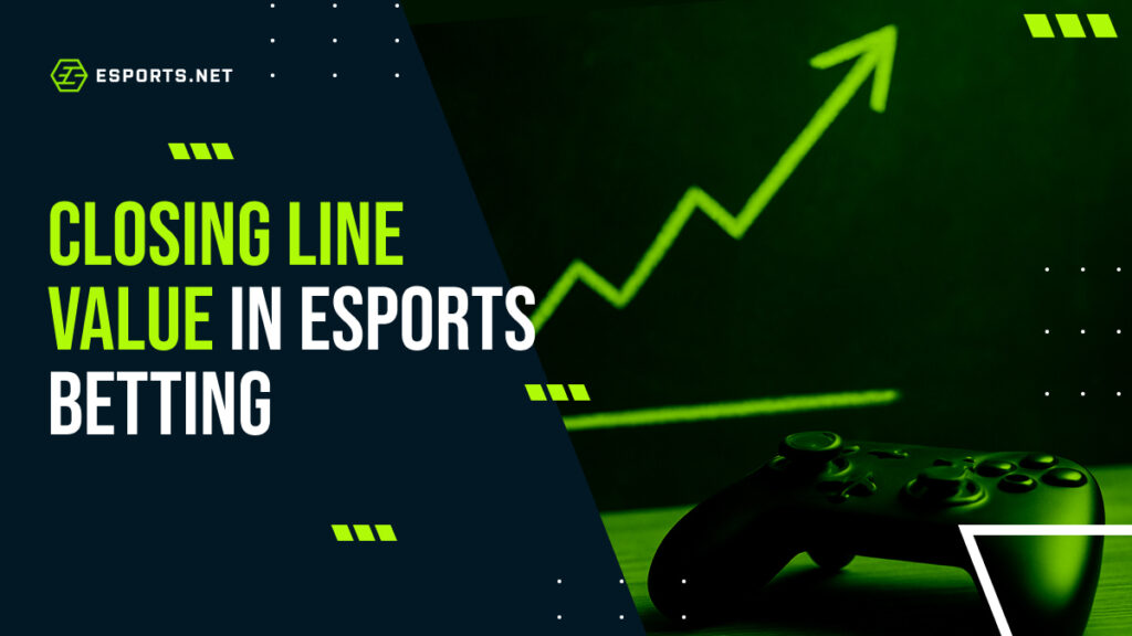 A gaming controller beside an upward graph illustrating closing line value in esports betting