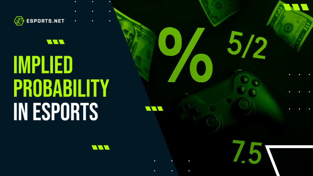 Graphic showing implied probability concepts with gaming elements for esports betting