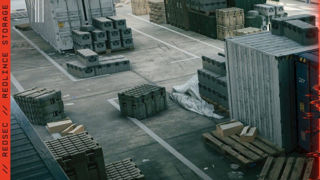 Supply crates and containers marking the Evac Bravo landing area in Battlefield REDSEC Fort Lyndon