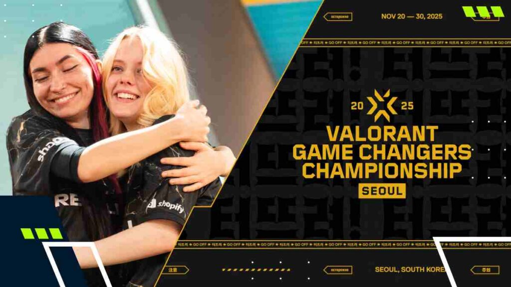 Official VALORANT Game Changers Championship 2025 banner showing two players hugging and the event logo for Seoul, South Korea.