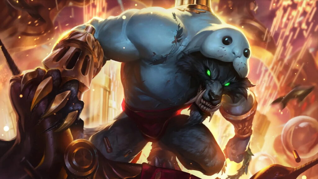 A fierce wolf-like champion charging forward in the chaotic League of Legends URF mode