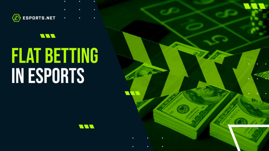 Promotional banner discussing flat betting strategy in esports with casino table and money in the background