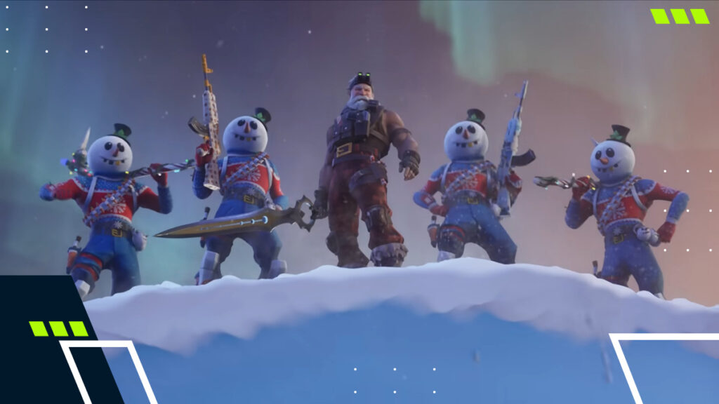 A group of Fortnite winter characters, including snowmen soldiers and a rugged Santa-like fighter, standing ready on a snowy ridge