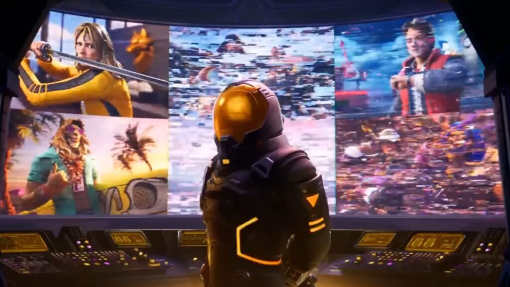 A Fortnite character in a futuristic suit stands in front of multiple large screens showing glitched footage and different Fortnite skins