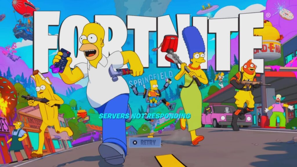 Fortnite login screen showing Simpsons characters with a “servers not responding” message