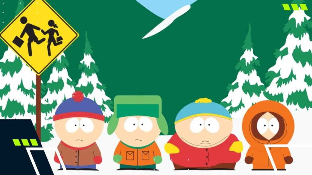 The four main South Park kids standing in the snow with a school crossing sign and snowy trees in the background