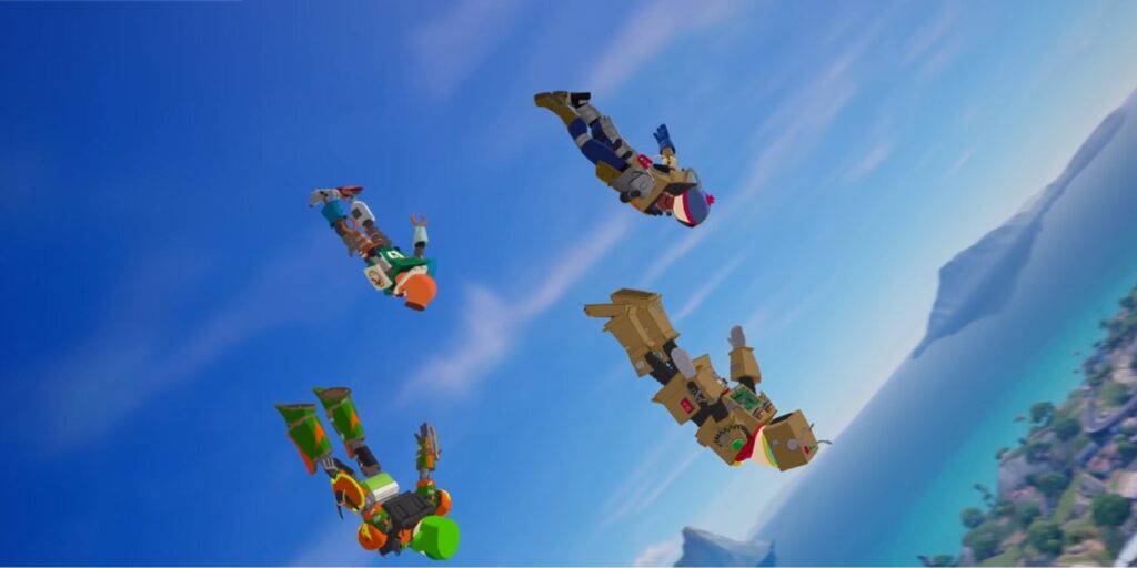 South Park characters skydiving into a match during the Fortnite x South Park crossover