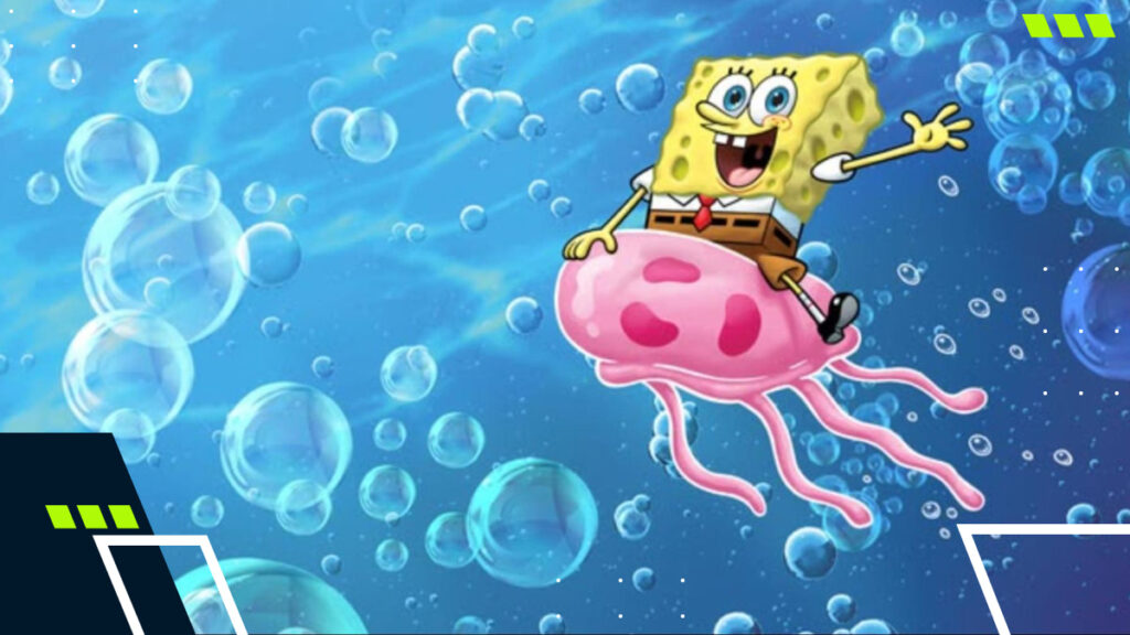 SpongeBob riding a jellyfish through an underwater scene full of bubbles