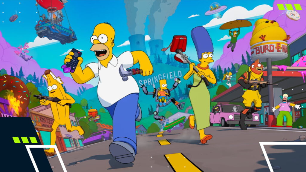 Simpsons characters in a colorful, chaotic scene run enthusiastically down a street in Springfield, holding toy weapons in Fortnite