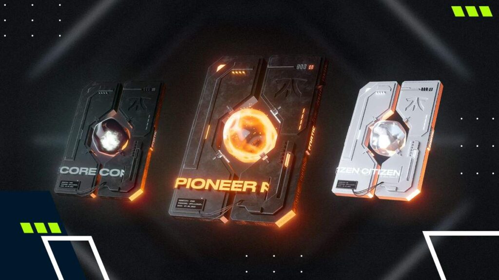 FNATIC membership NFTs — Core, Pioneer, and Citizen cards with futuristic glowing designs.