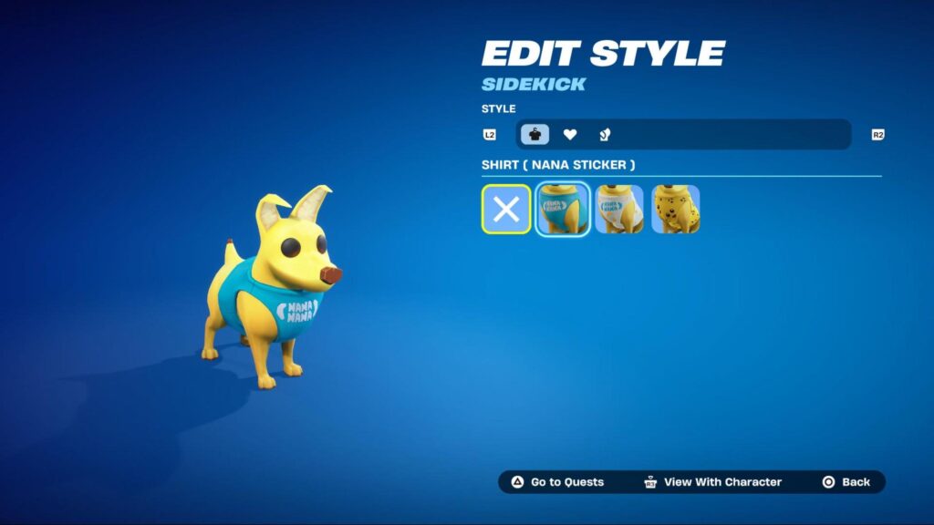 Customization screen for Nanners the banana dog in Fortnite, showing outfit selection options labeled “Nana Sticker.”