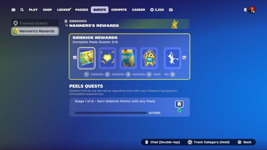 Fortnite quests screen showing Nanners’s rewards and Sidekick progression tasks to unlock emotes and outfits.