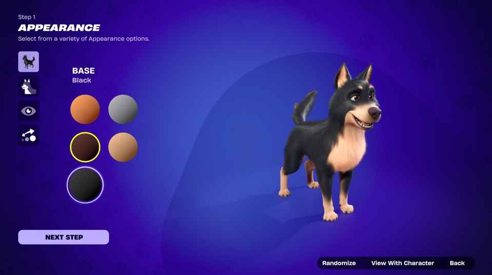 Fortnite customization menu featuring Spike the dog with appearance options like base color and accents.