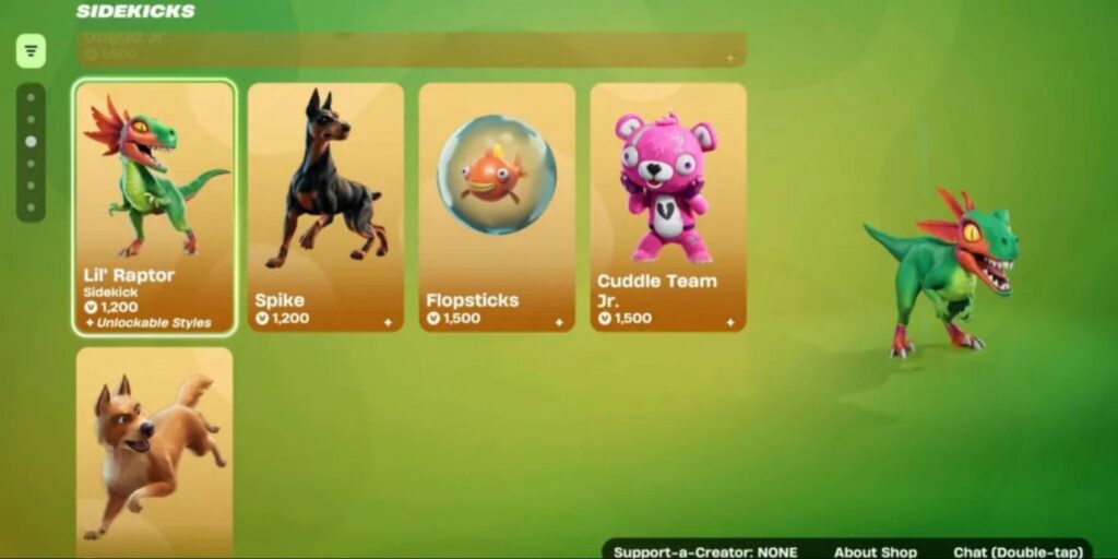 Fortnite Item Shop screen showing available Sidekicks such as Lil’ Raptor, Spike, Flopsticks, and Cuddle Team Jr with their V-Bucks prices.