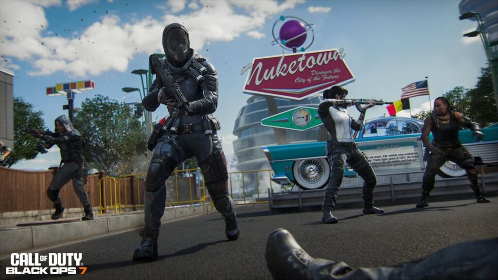 Black Ops 7 Operators fighting in Nuketown, showcasing intense multiplayer action during a Double XP Weekend event.