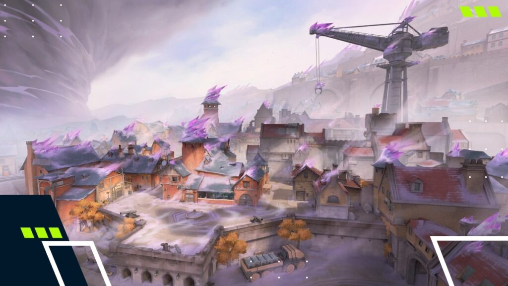 A wide view of the Corrode map in VALORANT shows rooftops covered in glowing purple crystals. A storm swirls in the distance while a crane towers over the misty town.