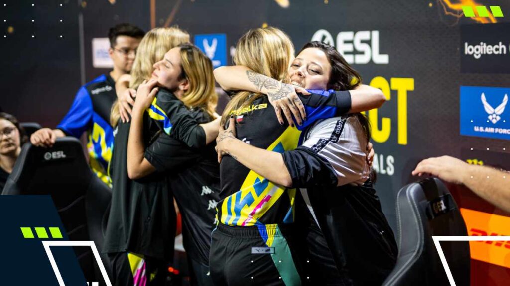 Female CS2 teams hugging after ESL Impact League match showing fair play.
