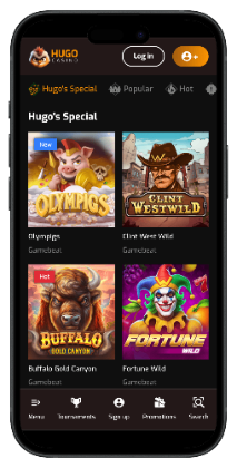 Hugo Casino games lobby featuring special games including Olympigs, Clint Westwild, Buffalo and Fortune Wild.