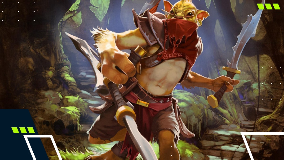 Artwork of Dota 2’s Bounty Hunter wielding dual blades and wearing a red hood and mask, standing in a lush forest environment, ready for battle.