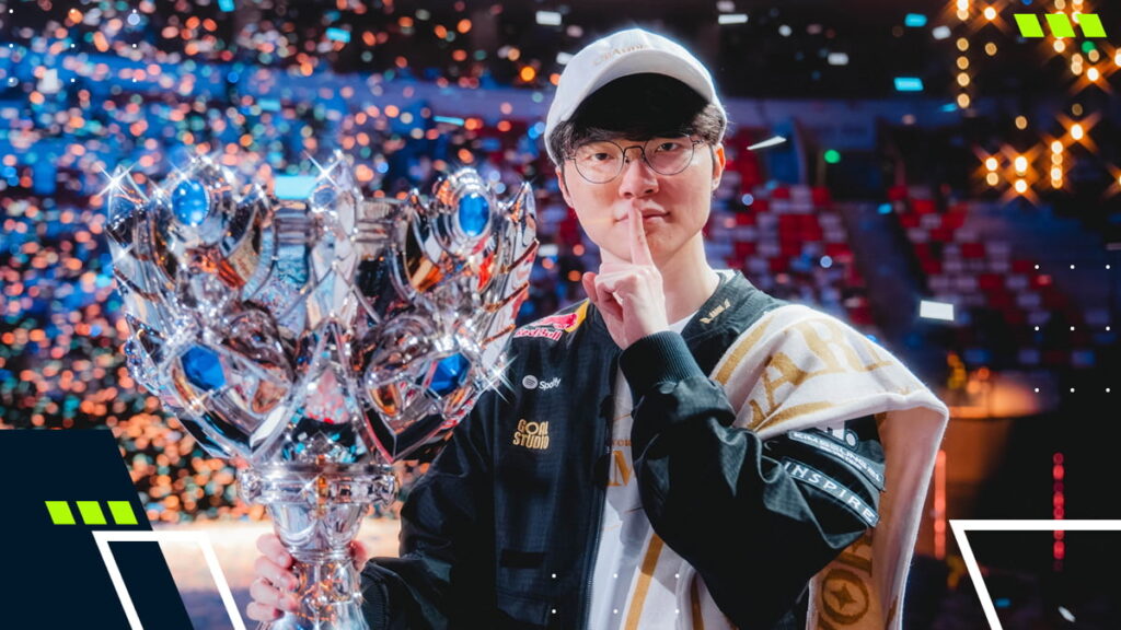 T1 team celebrates their League of Legends LCK championship victory on stage with the trophy